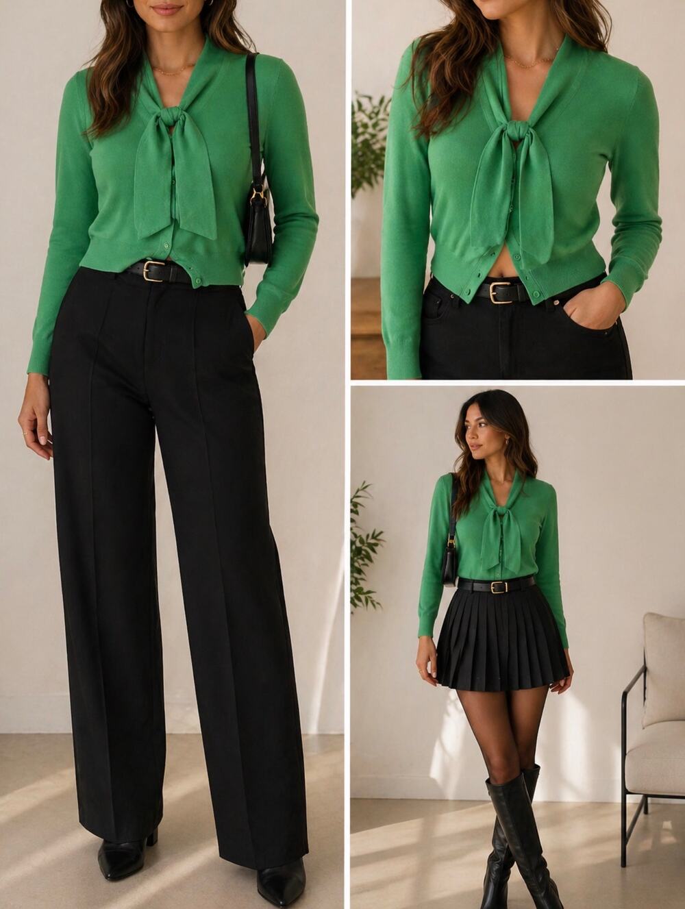 Vtg 90s Y2K Joseph A L Kelly Green Button Up Bow Tie Neck Cardigan Twee Preppy *